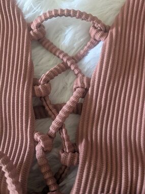 Ribbed One-Piece Swimsuit with Braided Straps - Rose Taupe